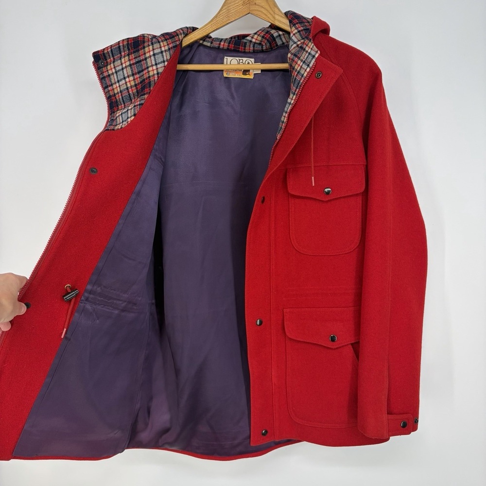 VTG 70s Lobo Pendleton Women 40 Hooded Red Wool Coat Plaid Grunge Chore Barn M - Picture 6 of 10
